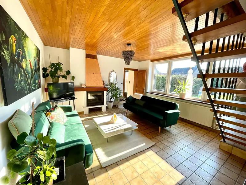 Salon van het Poolhouse met groene zetels
